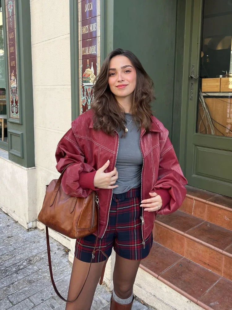 Fashion Short Red Leather Jacket Women Elegant Lapel Long Sleeve Zipper Loose Bomber Jackets Autumn Lady Street Outerwear