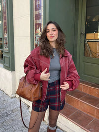Fashion Short Red Leather Jacket Women Elegant Lapel Long Sleeve Zipper Loose Bomber Jackets Autumn Lady Street Outerwear