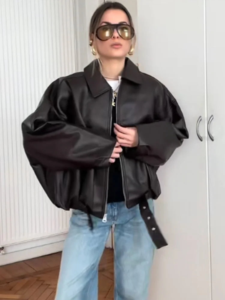 Retro Street Leather Jackets Women Loose Lapel Zipper Long Sleeves Pockets Lace Up Pu Coats Female 2025 Autumn New Chic Outwears