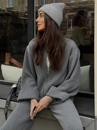 Matching Sets Women Casual Tracksuit Two Pieces Set Loose O Neck Long Sleeves Zipper Cardigan Top Joggers Wide Leg Pants