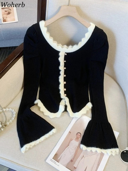 Y2K Temperament Women Cardigan Tops 2025 Ropa Mujer Pull Femme  Knitted Tunic Sweater Coat Ruffles Chic Sweet Sueter