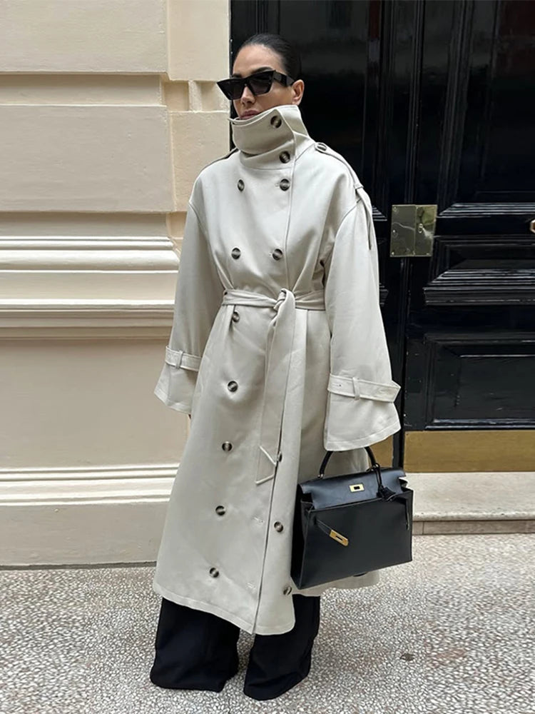 Elegant Lapel Long Windbreakers Women Patchwork Double Breasted Lace Up Oversize Trench Coat 2025 Autumn Street Lady Outerwears