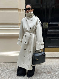 Elegant Lapel Long Windbreakers Women Patchwork Double Breasted Lace Up Oversize Trench Coat 2025 Autumn Street Lady Outerwears