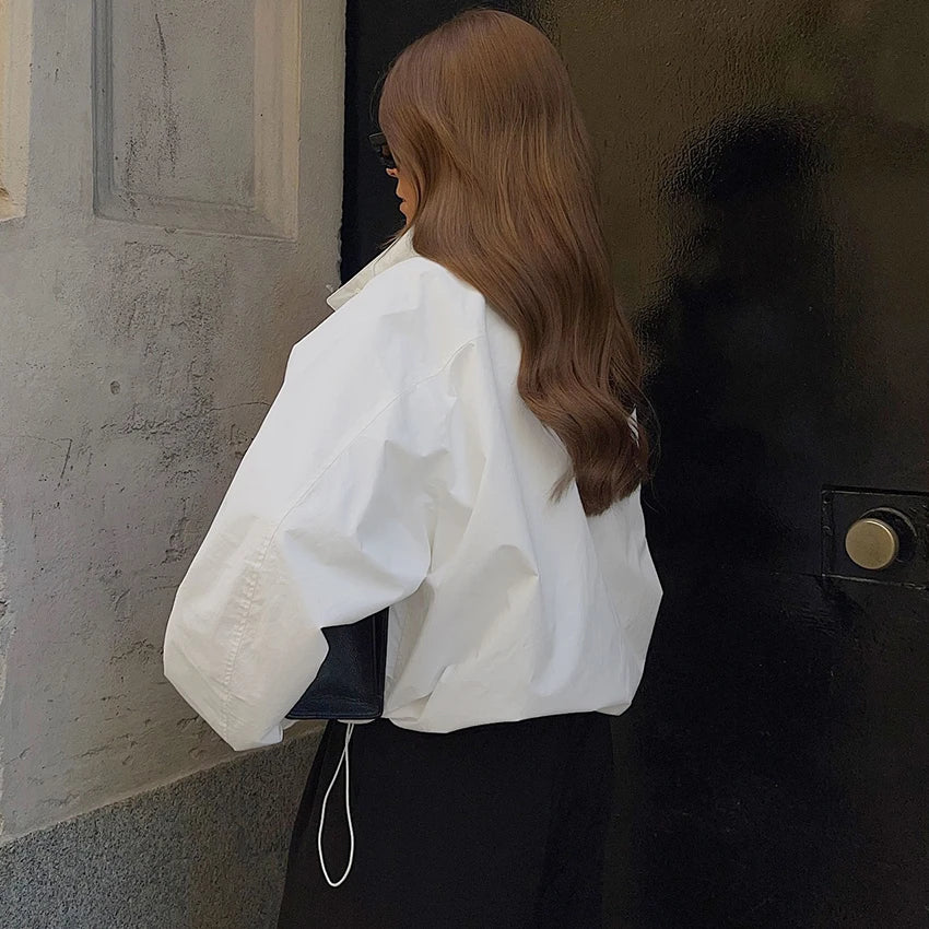 Linad Street Chic White Turtleneck Zipper Jackets Autumn Elegant Long Sleeve Coats For Woman Casual Outerwear Tops Female 2025