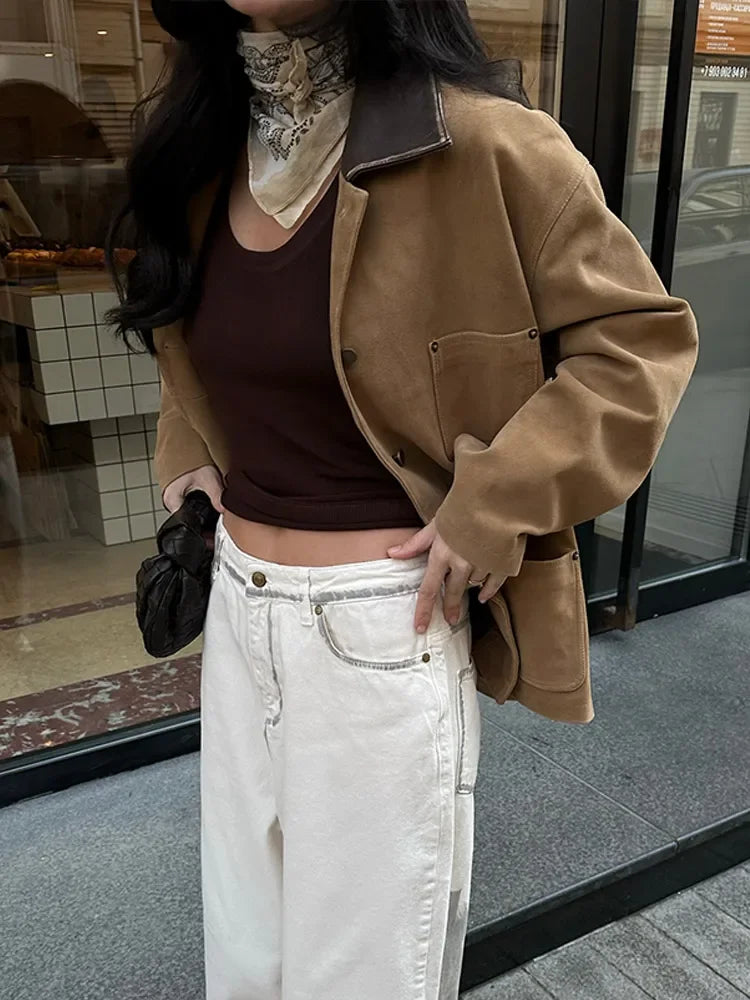 Single Breasted Pocket Khaki Suede Coats Women Fashion Full Sleeve Lapel Loose Jacket 2025 Lady New Daily Commuting Outerwears