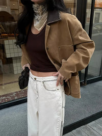 Single Breasted Pocket Khaki Suede Coats Women Fashion Full Sleeve Lapel Loose Jacket 2025 Lady New Daily Commuting Outerwears