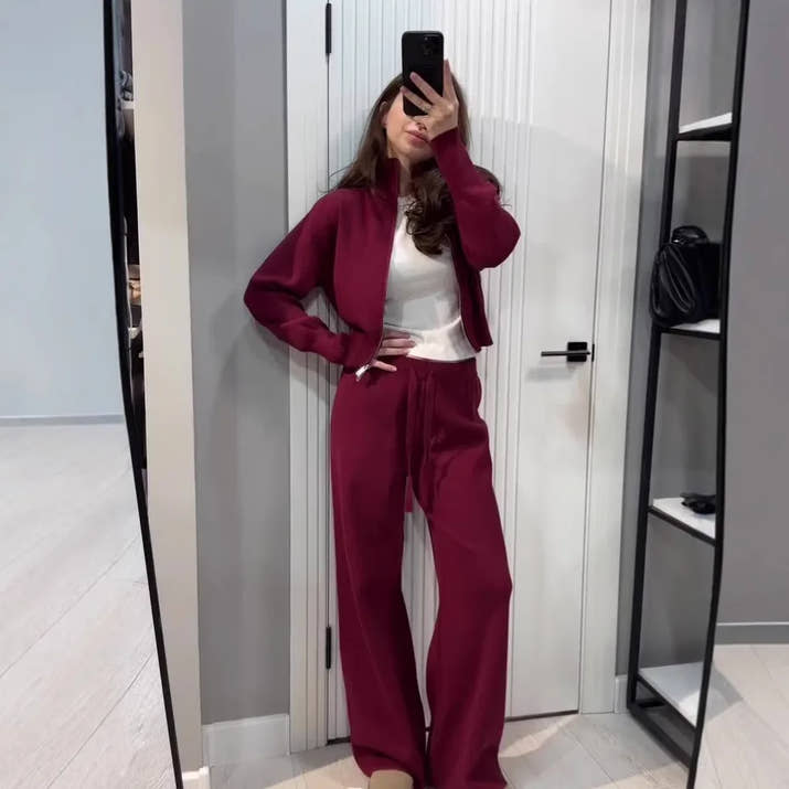 Two Piece Set Women Knitted Tracksuits Elegant Zipper Long Sleeve Sweater+High Waist Cotton Pants 2025 Fall Winter Clothes