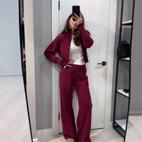 Two Piece Set Women Knitted Tracksuits Elegant Zipper Long Sleeve Sweater+High Waist Cotton Pants 2025 Fall Winter Clothes
