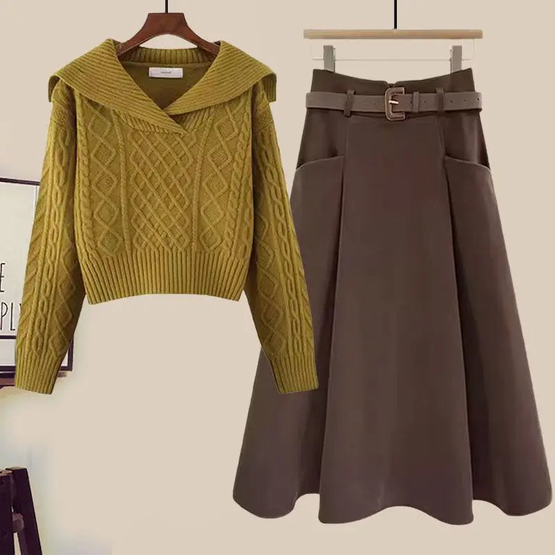 Big Size Women's Autumn Suit New Style Sweater Skirt Two-piece Set Regular Fit Vestidos De Dos Piezas Mujer Elegantes