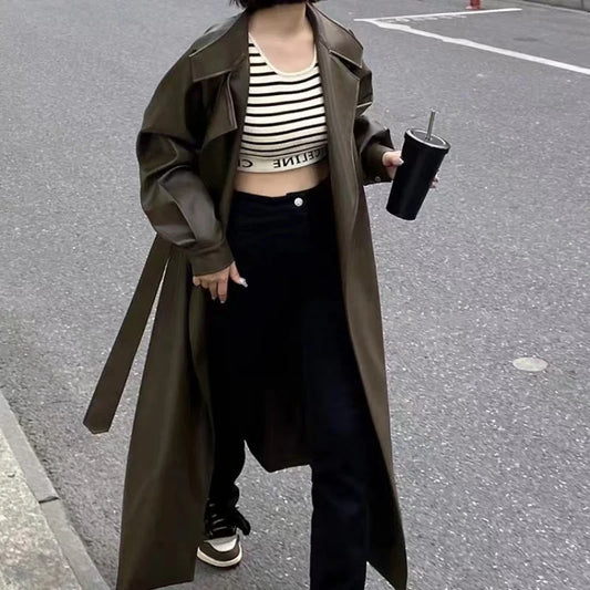 Long Oversized Leather Trench Coat for Women Long Sleeve Lapel Loose Lady Jacket With Belt 2025 Autumn New Vintage Streetwear