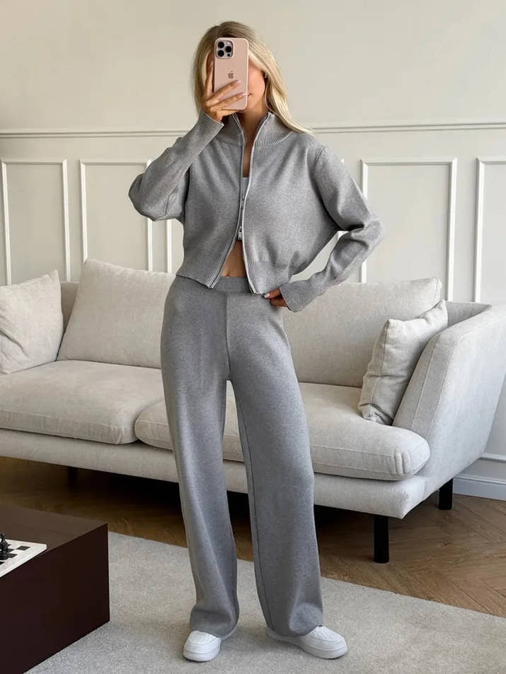 Two Piece Set Women Knitted Tracksuits Elegant Zipper Long Sleeve Sweater+High Waist Cotton Pants 2025 Fall Winter Clothes