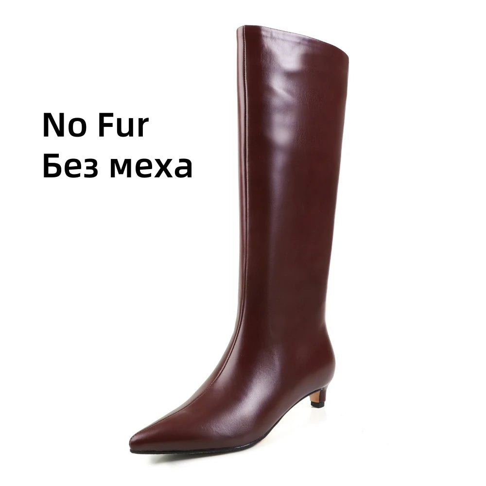 FEDONA Women Knee High Boots Cow Leather Kitten High Heels Long Warm Autumn Winter Knight Boots Female High Pointed Toe Boots