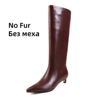 FEDONA Women Knee High Boots Cow Leather Kitten High Heels Long Warm Autumn Winter Knight Boots Female High Pointed Toe Boots
