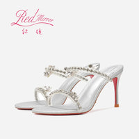 Transparent flat strap sandals for women's summer wear, 2025 new silver rhinestone fairy style queen girl slim heel sandals