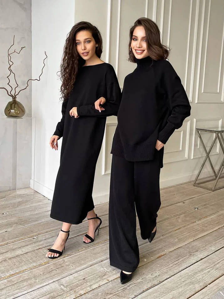 Two Piece Set Women Knitted Tracksuits Elagant Turtleneck Long Sleeve Pullovers Top+High Waist Casual Pants Outfits 2025 Winter