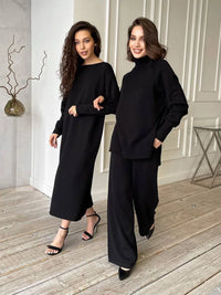 Two Piece Set Women Knitted Tracksuits Elagant Turtleneck Long Sleeve Pullovers Top+High Waist Casual Pants Outfits 2025 Winter