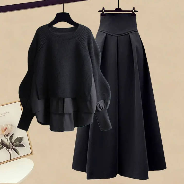Women Spring Autumn Two Pieces Sets Korean Long Sleeve Pullover Knitted Sweater And Pleated skirt Long Suit