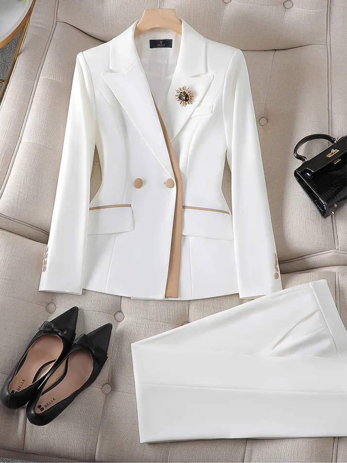 S-4XL PinK White Women Blazer and Pant Suit Office Ladies Business Work Wear 2 Piece Set Female Long Sleeve Jacket And Trouser
