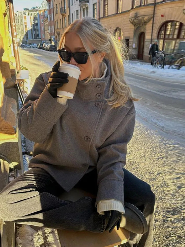 Stand Collar Single Breasted Woolen Overcoat Women Elegant Long Sleeve Solid Loose Fitting Coat New Autumn Winter Lady Outerwear