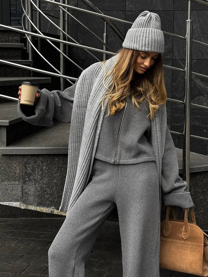 Matching Sets Women Casual Tracksuit Two Pieces Set Loose O Neck Long Sleeves Zipper Cardigan Top Joggers Wide Leg Pants
