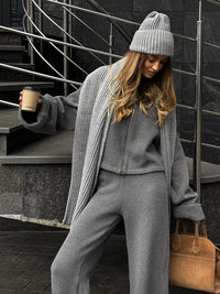 Matching Sets Women Casual Tracksuit Two Pieces Set Loose O Neck Long Sleeves Zipper Cardigan Top Joggers Wide Leg Pants
