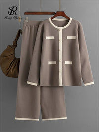 SINGREINY Winter Home Wear Sweater Sets Fashion Loose Long Pullovers+Elastic Long Pants High Quality Knitted Two Pieces Suits