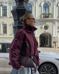 Burgundy Red Zipper Bomber Jacket Women Fashion Stand Collar Long Sleeve Pocket Short Coat Autumn Lady Daily Street Outerwear