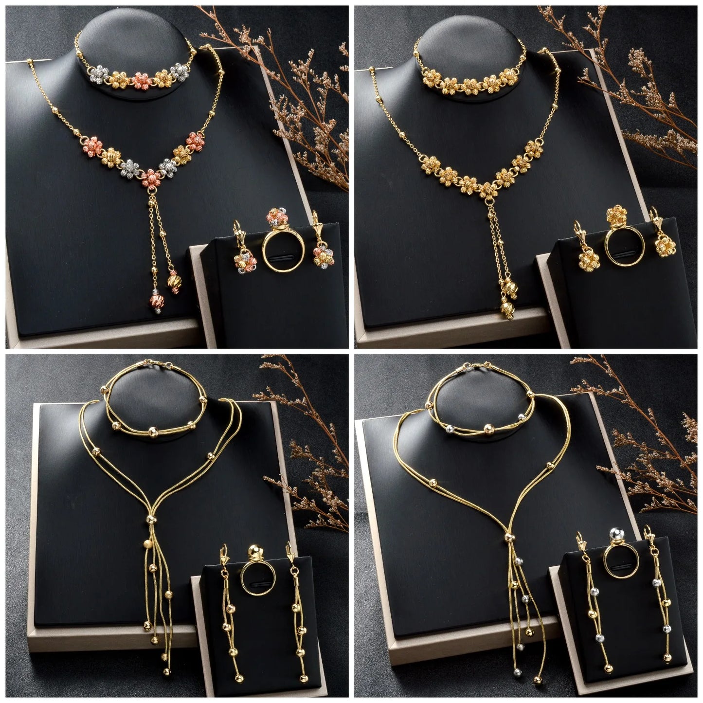 Diana baby Fashion jewelry Dubai 14k Gold Plated Ball Wedding Bride jewelry Sets For Women Necklace Pendant Flower Bracelets