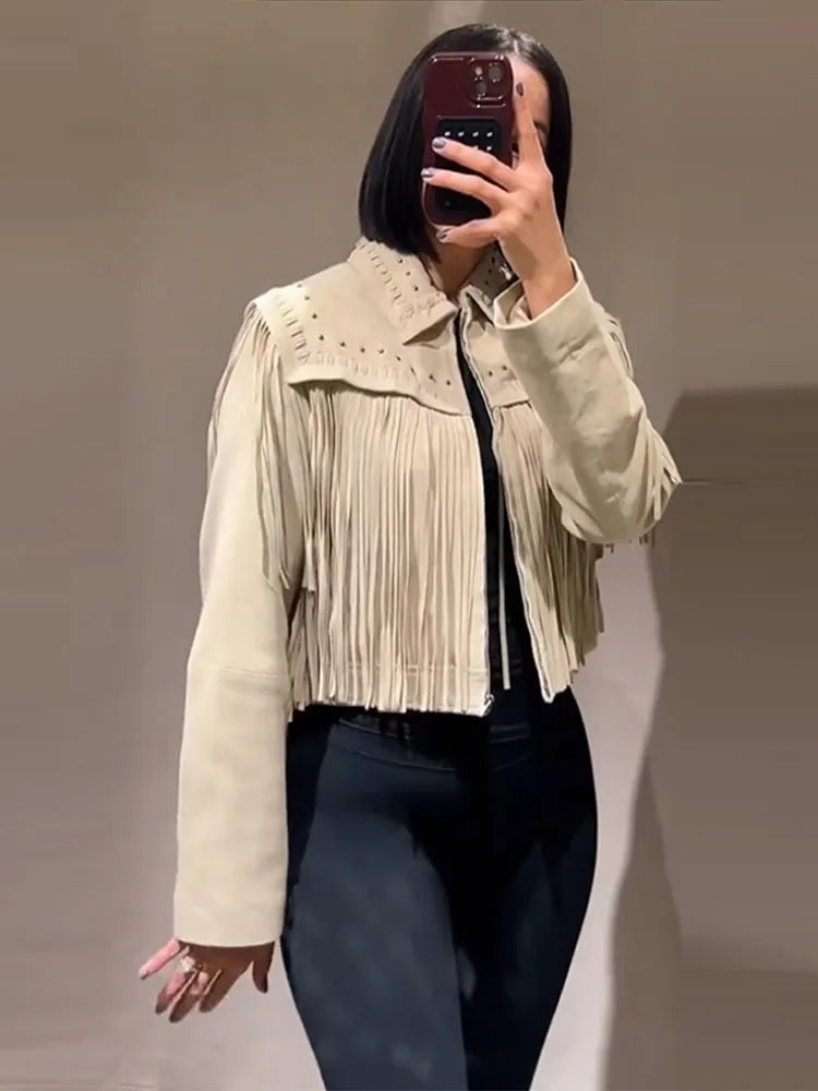 Designer Tassel Beading Jacket Women Vintage Turn-down Collar Long Sleeve Zipper High Street Coats 2025 Fashion Ladies Outerwear