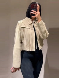 Designer Tassel Beading Jacket Women Vintage Turn-down Collar Long Sleeve Zipper High Street Coats 2025 Fashion Ladies Outerwear