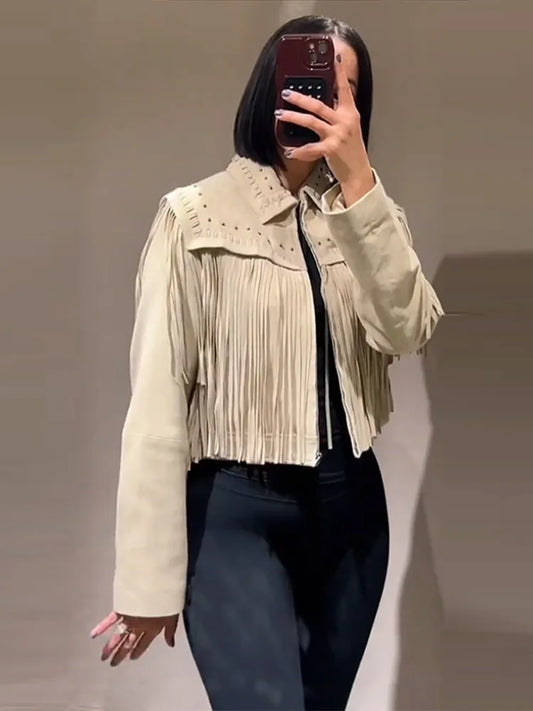 Designer Tassel Beading Jacket Women Vintage Turn-down Collar Long Sleeve Zipper High Street Coats 2025 Fashion Ladies Outerwear