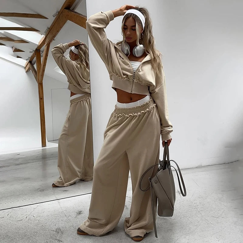 Autumn Women's Tracksuit with Zipper and Trousers Gary Casual Two Piece Set Women Casual Yellow Pant Sports Suit with A Hood