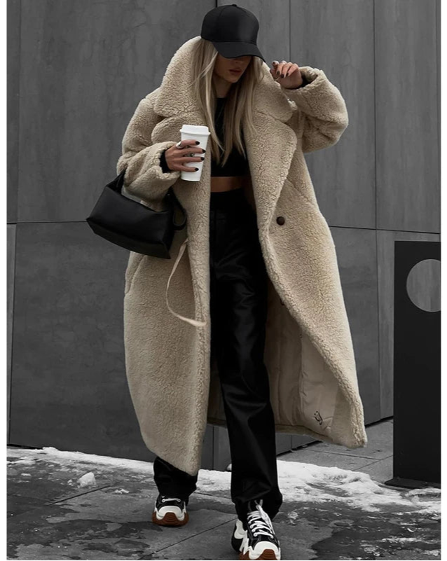 Women Long Coat Turn Down Collar Full Sleeve Thick Warm Y2k Streetwear Elegant Jackets Open Stith Autumn Winter 2025