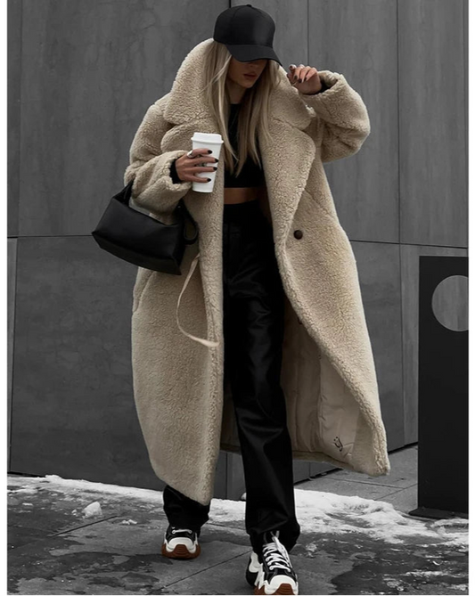 Women Long Coat Turn Down Collar Full Sleeve Thick Warm Y2k Streetwear Elegant Jackets Open Stith Autumn Winter 2025