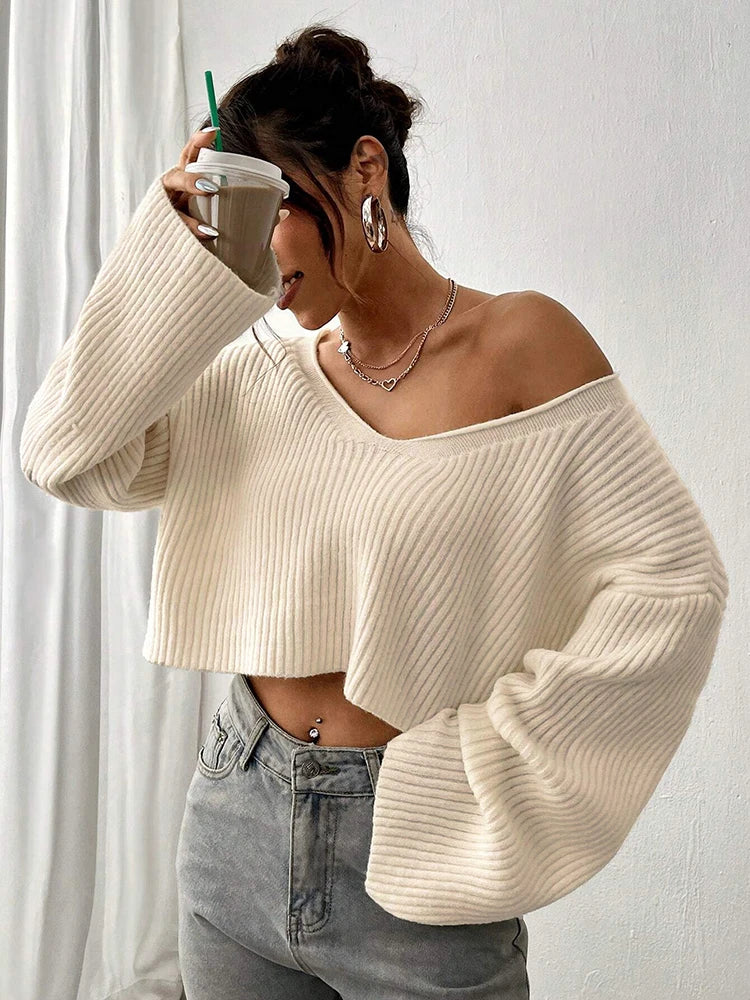 Fashion V-neck solid color knitted sweater loose top women's striped outfit with three-dimensional texture sweater