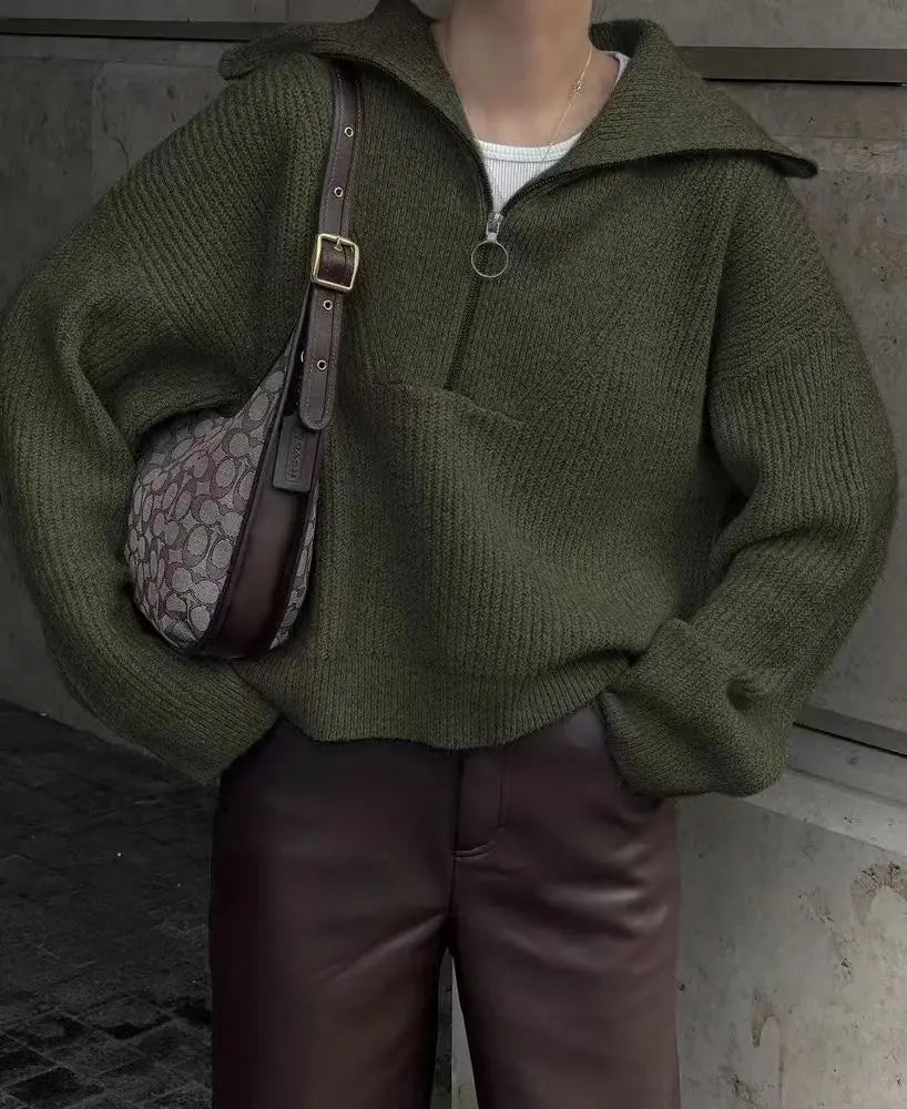 2025 Autumn/Winter Fashion Casual Solid Color Warm Fashion Knitted Women's Zipper Collar Sweater