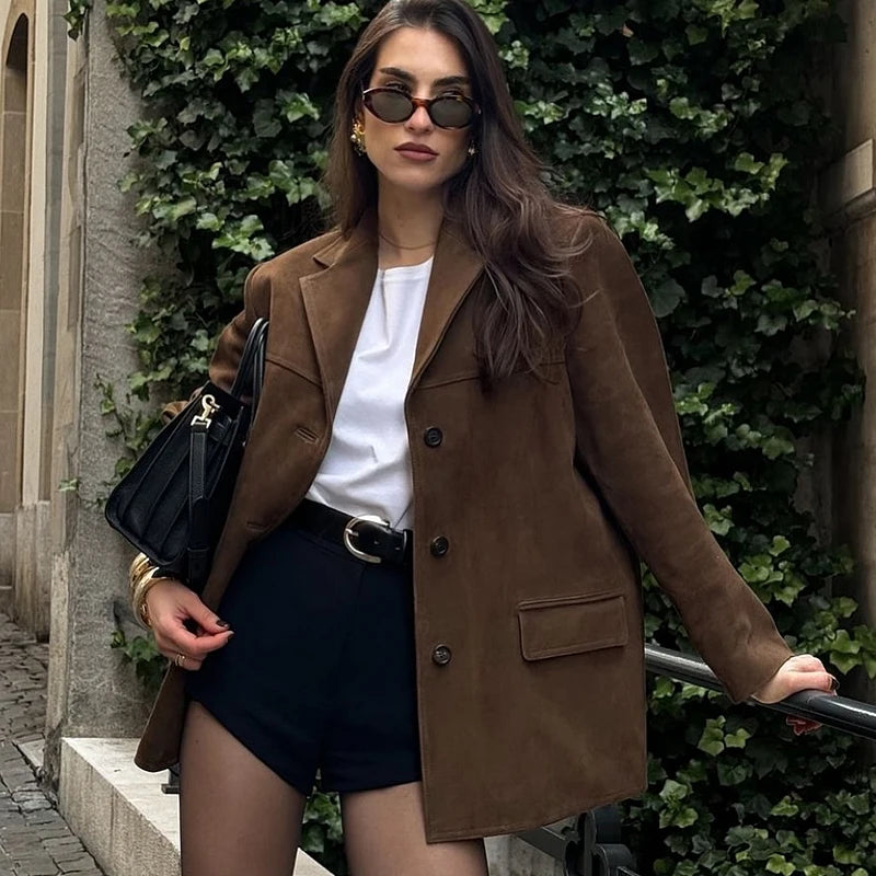 HXAO Women's Jacket Old money Jackets Brown Leather Suede Jacket Coat Vintage Demi-season Jacket Autumn Winter New in Outerwears