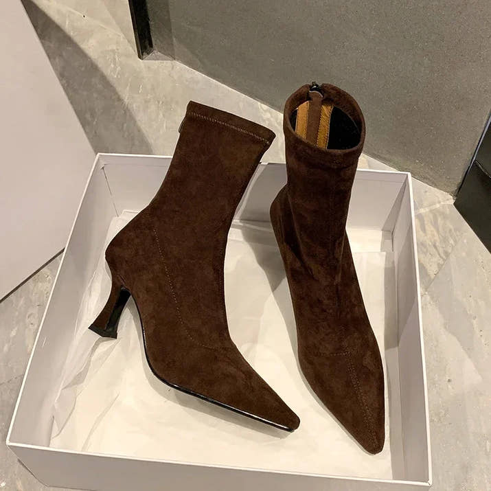 Vintage Women Ankle Boots Fashion Pointed Toe Shoes Autumn Winter High Heel Ladies Elegant Stretch Slim Short Booties