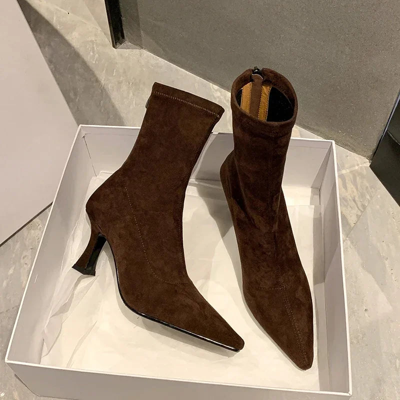 Vintage Women Ankle Boots Fashion Pointed Toe Shoes Autumn Winter High Heel Ladies Elegant Stretch Slim Short Booties