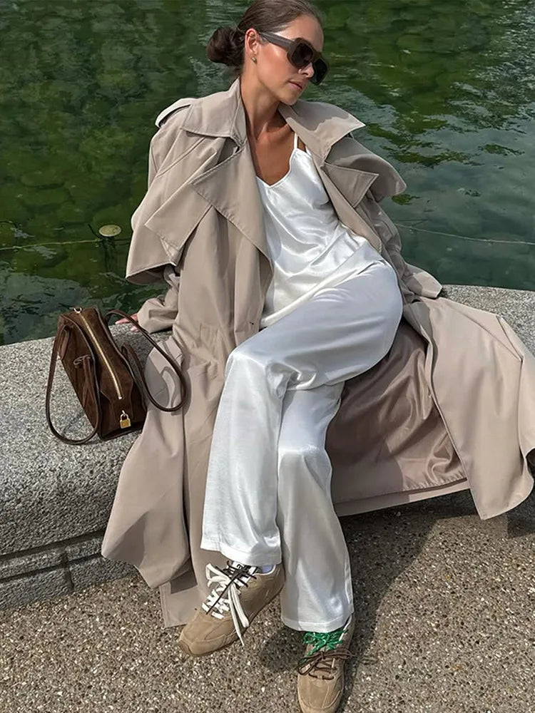 Elegant Lapel Long Windbreakers Women Patchwork Double Breasted Lace Up Oversize Trench Coat 2025 Autumn Street Lady Outerwears