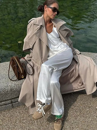Elegant Lapel Long Windbreakers Women Patchwork Double Breasted Lace Up Oversize Trench Coat 2025 Autumn Street Lady Outerwears