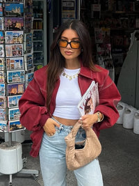 Fashion Short Red Leather Jacket Women Elegant Lapel Long Sleeve Zipper Loose Bomber Jackets Autumn Lady Street Outerwear
