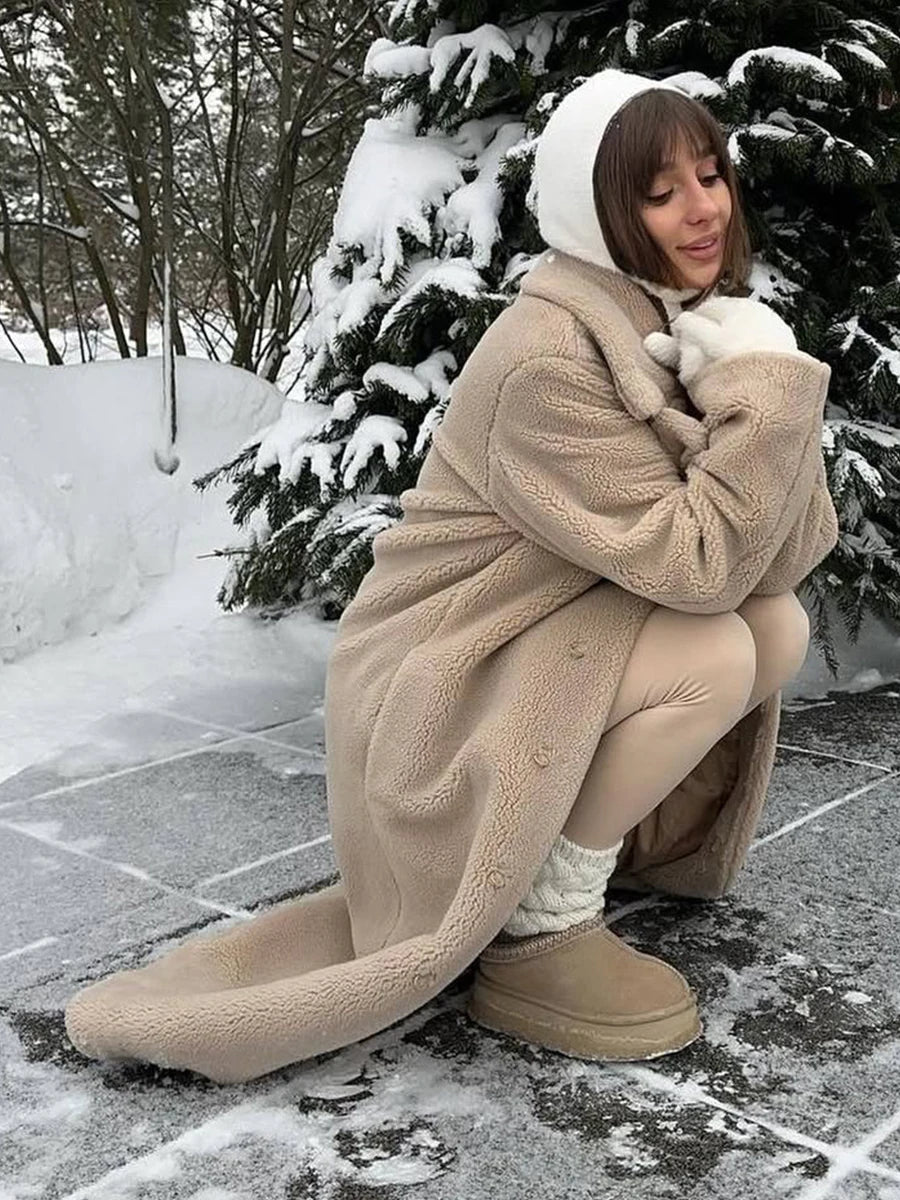 Women Long Coat Turn Down Collar Full Sleeve Thick Warm Y2k Streetwear Elegant Jackets Open Stith Autumn Winter 2025