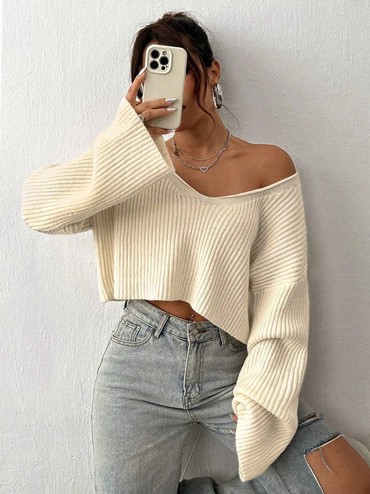 Fashion V-neck solid color knitted sweater loose top women's striped outfit with three-dimensional texture sweater