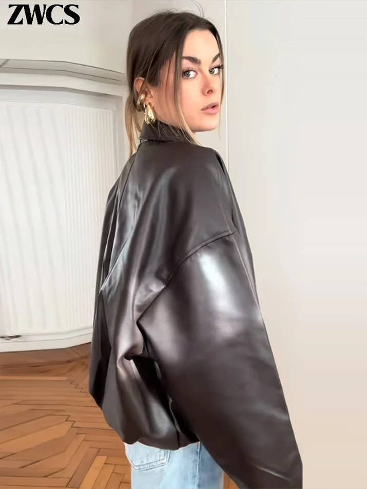 Vintage PU Leather Bomber Jackets 2025 Autumn New Ladies Zipper Lapel Long Sleeve Pocket Coat With Belt Women's Loose Streetwear