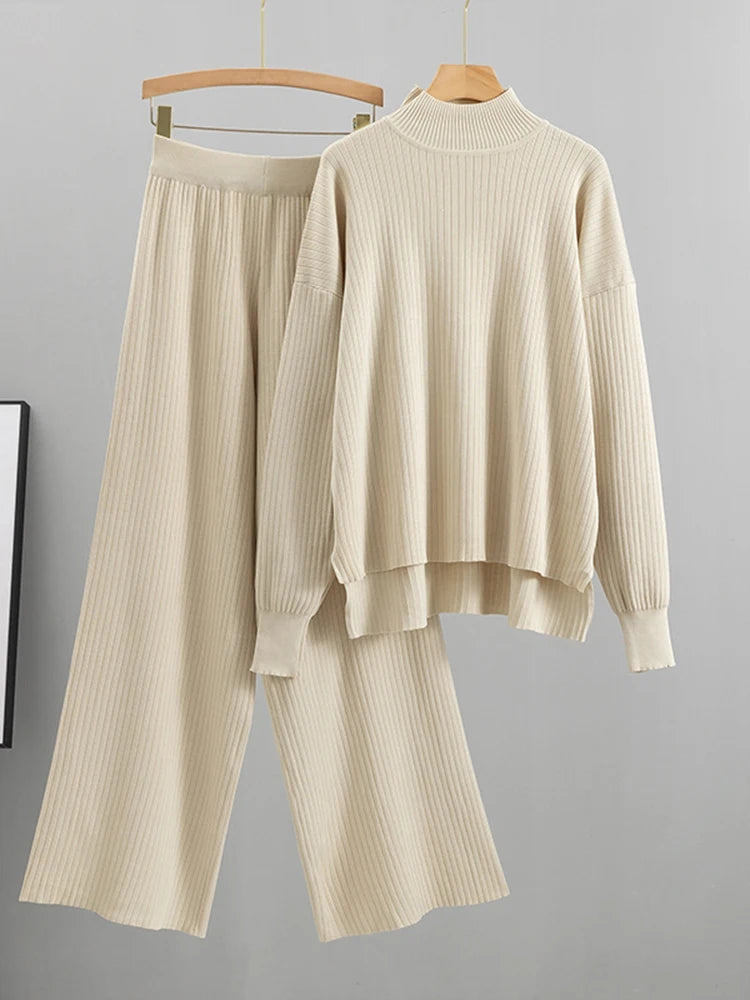 Casual 2 Pieces Set Women Loose Knitted Tracksuit Turtleneck Sweater + Wide Leg Pants Pullover Sweater Set CHIC Knitted Outwear