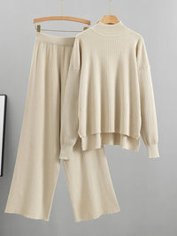 Casual 2 Pieces Set Women Loose Knitted Tracksuit Turtleneck Sweater + Wide Leg Pants Pullover Sweater Set CHIC Knitted Outwear