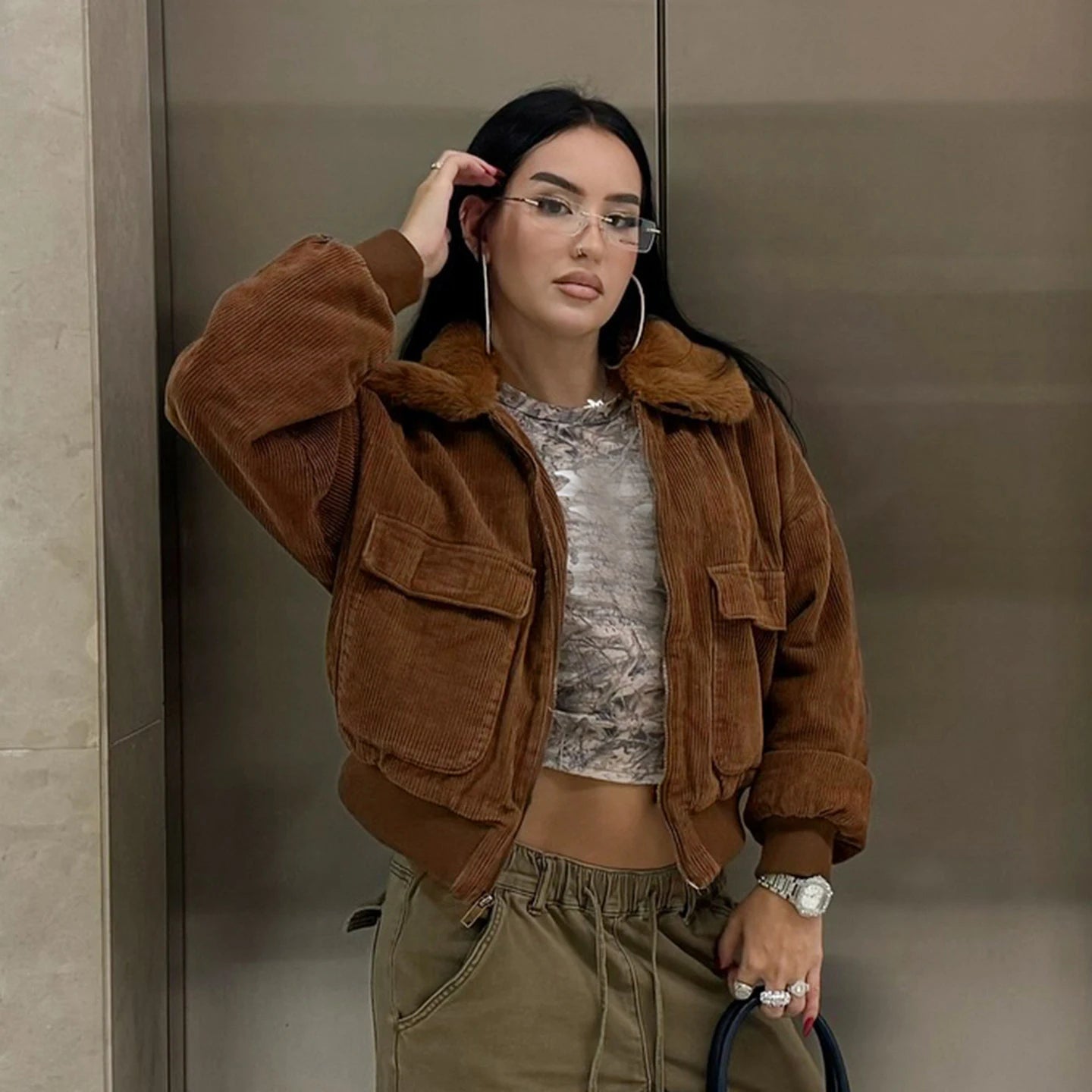 Women Fur Lapel Collar Warm Casual Jackets Vintage Long Sleeve Zipper Pockets Crop Coat 2025 Fall Winter Y2K Clothes