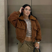 Women Fur Lapel Collar Warm Casual Jackets Vintage Long Sleeve Zipper Pockets Crop Coat 2025 Fall Winter Y2K Clothes