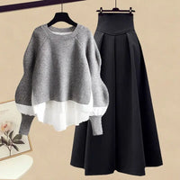 Women Spring Autumn Two Pieces Sets Korean Long Sleeve Pullover Knitted Sweater And Pleated skirt Long Suit